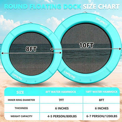 OWROMI Inflatable Dock Floating Platform, 8FT Inflatable Water Hammock Floating Deck 10FT Round Floating Ring for Adults Tanning Pool Lounger Platform Mat for Beach Lake Party Dock Boat