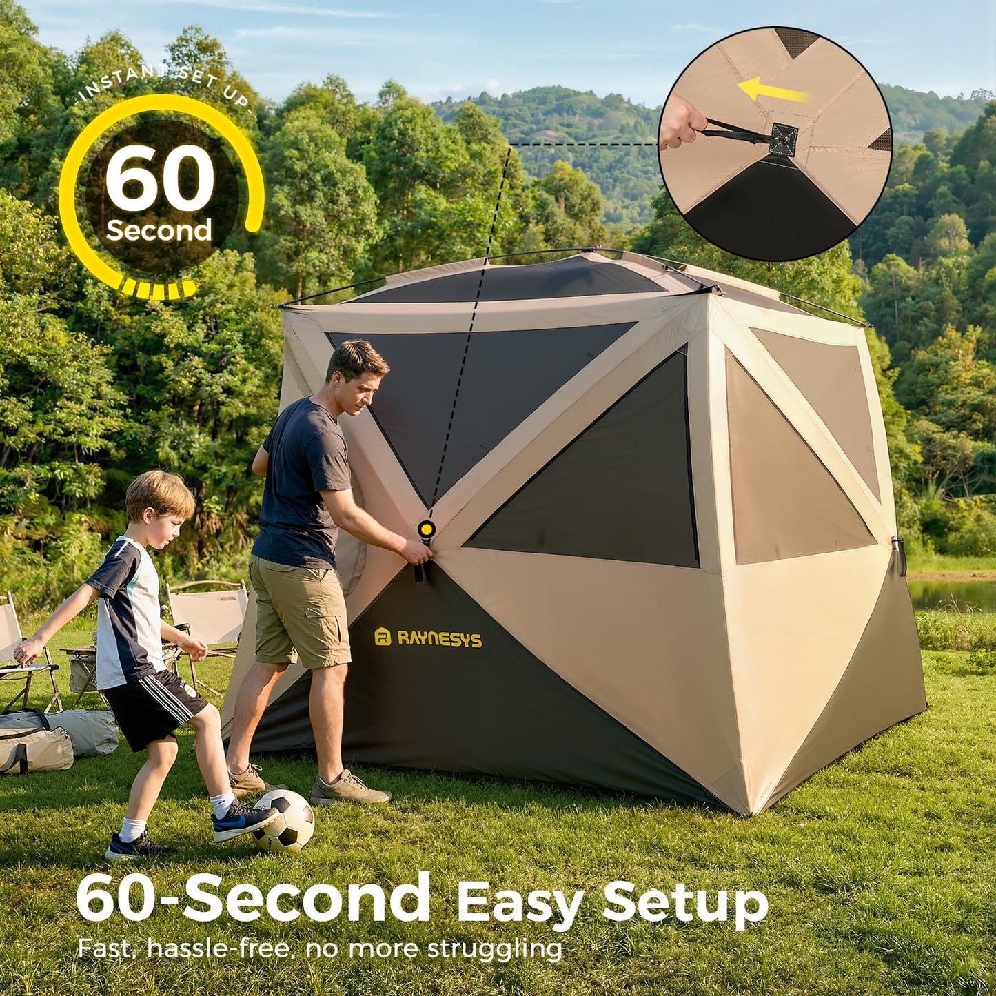 Camping Tent, 4 Person Tent for Camping, Setup in 60 Seconds, 4 Person Pop up Tents, Hub Tents, Water-Resistant, Windproof, Instant Cabin Tents with Rainfly & Carry Bag for Outdoor Camping