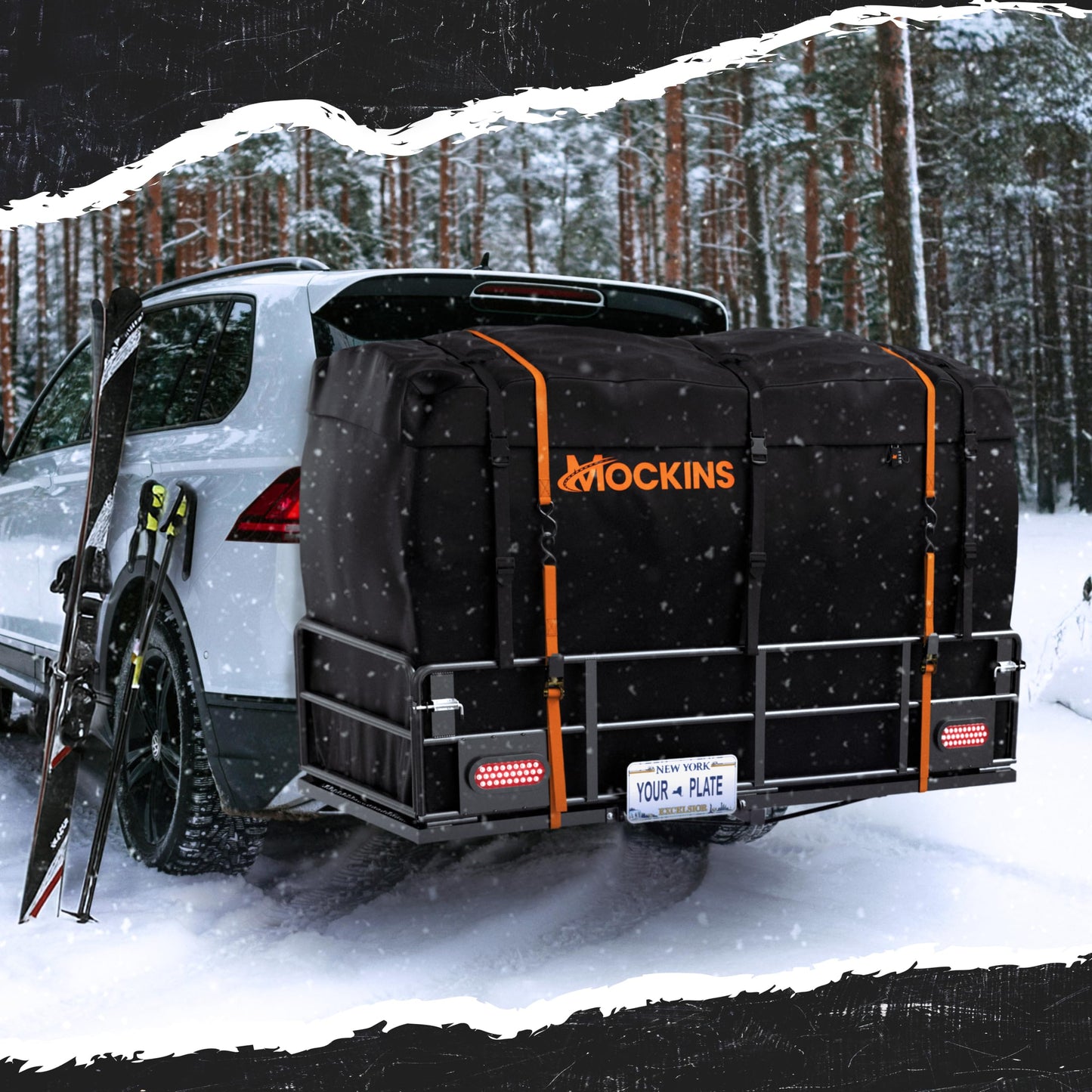 Mockins 66"x30"x14" XL High Rail Trailer Hitch Cargo Carrier w/ 45 CuFt Waterproof Cargo Bag for Hitch Carrier | 500 Lbs Cap Folding Luggage Rack for SUV Car Truck w/Rear Lights, Plate Bracket & More