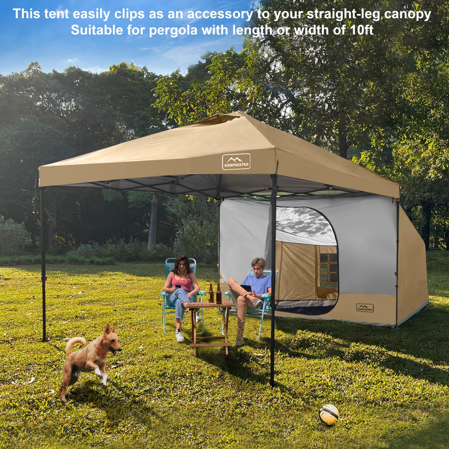 KAMPKEEPER Side Tent,Camping Tent for 10' x 10' Pop Up Canopy, Easy Set Up Gazebo,Compatible with 10' Wide Canopy Tents (Khaki)