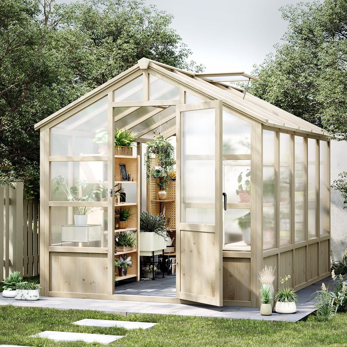 10x8FT Greenhouses for Outdoors, Wooden Greenhouse with Lockable Door, Wood Frame & Adjustable Vent, Polycarbonate Panel Heavy Duty Greenhouse for Outside, Garden, Yard, Light Brown