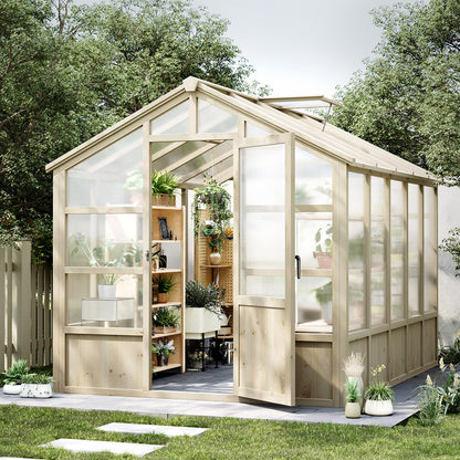 10x8FT Greenhouses for Outdoors, Wooden Greenhouse with Lockable Door, Wood Frame & Adjustable Vent, Polycarbonate Panel Heavy Duty Greenhouse for Outside, Garden, Yard, Light Brown