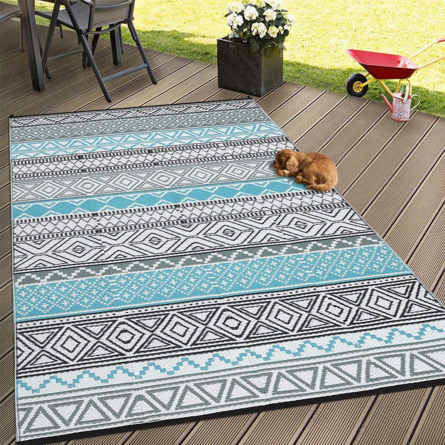 GarveeHome Outdoor Rug for Patio Clearance,10x14 Waterproof Large Mat, Reversible Plastic Camping Rugs, Outside Rug for Rv, Porch, Deck, Camper, Balcony, Backyard, Blue/Grey