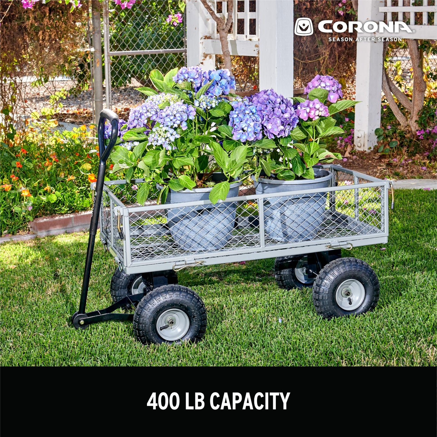 Corona Metal Landscape Cart 400 Pound Capacity Fold Down Sides 10 Inch Pneumatic Tires for Yard, Gardening, Bark, Planting