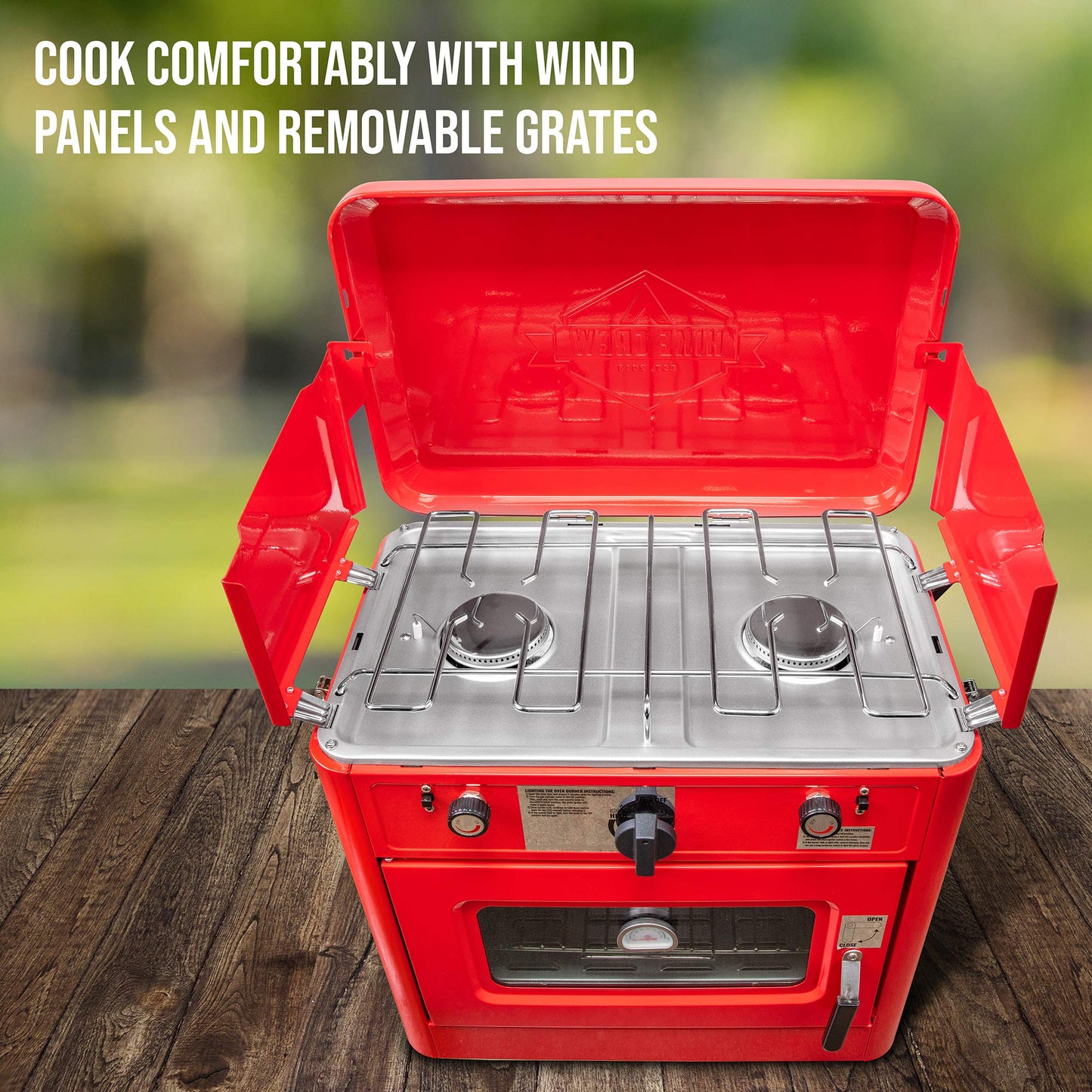 Hike Crew Outdoor Gas Camping Oven w/Carry Bag | CSA Approved Portable Propane-Powered 2-Burner Stove & Oven | Auto Ignition, Overheat Safety Shutoff, Built-In Thermometer | Hose & Regulator Included