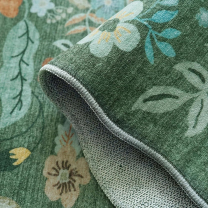 Skiennix Washable Kitchen Area Rug - Floral Scalloped Non-Slip Runner for Hallway & Bathroom | 2x5 ft, Green