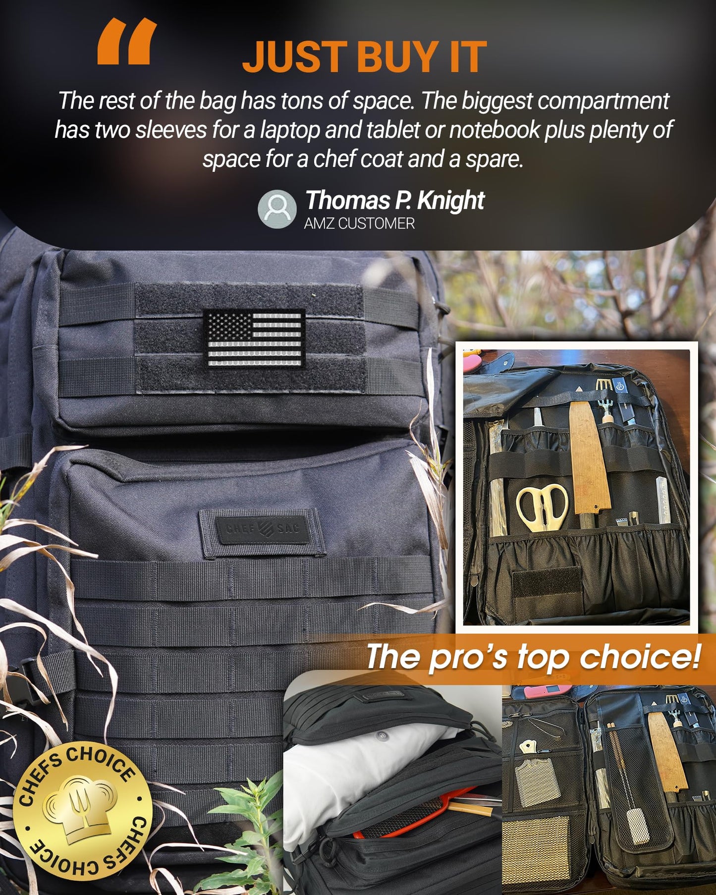 Chef Knife Bag Tactical Backpack XL, 30+ Pocket Knife Carrying Case for Chefs and Culinary Tools, Patented Retention Panels with Hook-and-Loop System, YKK Zippers, Fits 12in Knives