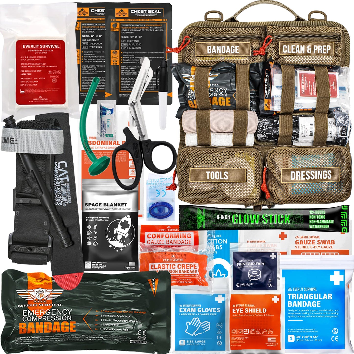 EVERLIT Roll Up Trauma First Aid Kit with CAT Tourniquet-Tactical IFAK Emergency Medical Kit for Outdoor, Vehicle & Home Preparedness-Quick Release Molle Bag for First Responders (Coyote Brown)