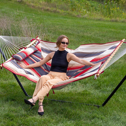 Sunnydaze Rope Hammock with Stand for Outside - Heavy Duty Freestanding Portable Outdoor Hammock Set with Quilted Pad, Pillow, and 12-Foot Steel Frame - 275 lb Capacity - Modern Lines