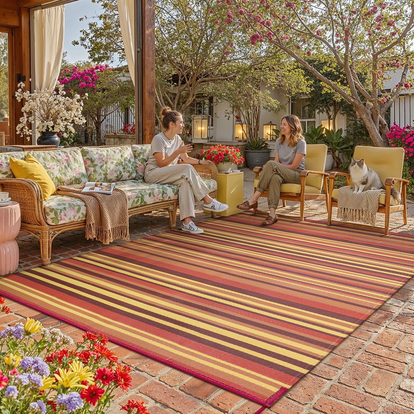 WondRg Outdoor Plastic Straw Rug Waterproof Patio 9x18 Red Orange Stripe Mat for Porch Camping RV Balcony Deck Courtyard Reversible Lightweight Durable Portable Carpet
