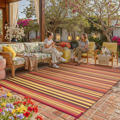 WondRg Outdoor Plastic Straw Rug Waterproof Patio 9x18 Red Orange Stripe Mat for Porch Camping RV Balcony Deck Courtyard Reversible Lightweight Durable Portable Carpet