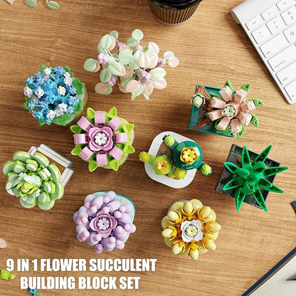 9 in 1 Tiny Flowers Succulents Artificial Plant Set-Creative Botanical Building Block Toy Botanical Collection for Office&ampHome Decor Birthday Gift for Adults and Kids 8-12(832 PCS)