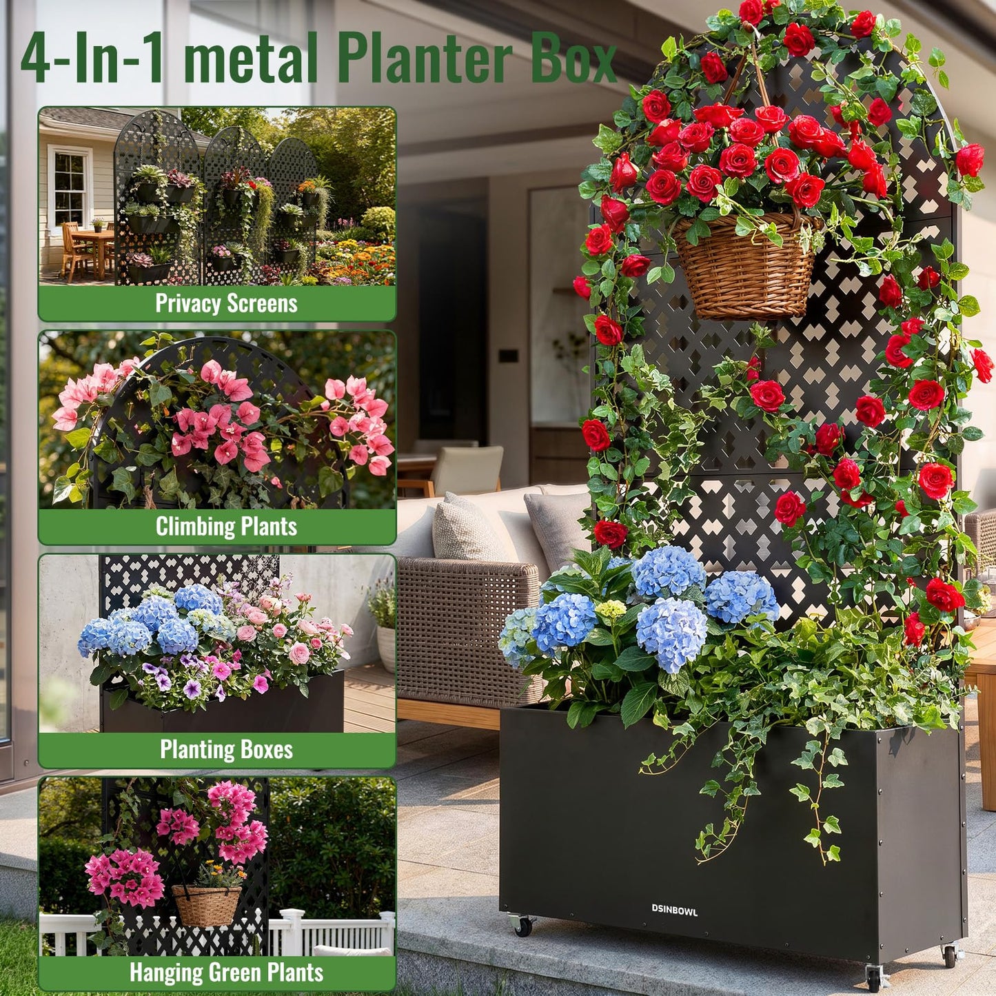 Metal Planter Box with Trellis and Wheels, 72.8 * 35.4 * 11.8IN Raised Garden Bed with Drainage Holes and Soil-Retention Mesh, Outdoor Privacy Screen Planter for Patio, Balcony, Deck and Garden