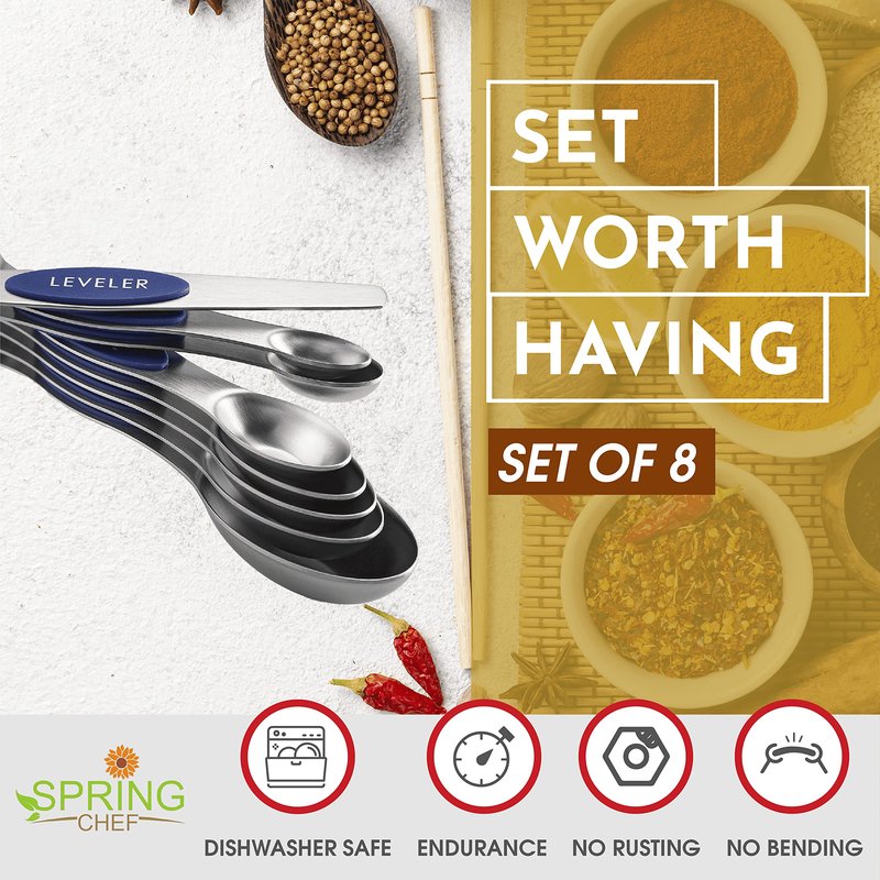 Spring Chef Stainless Steel Magnetic Measuring Spoons Set of 8 with Leveler, Heavy Duty Teaspoon & Tablespoon Measuring Spoons With Strong N45 Magnets, Kitchen Gadgets for Baking & Cooking - Sapphire