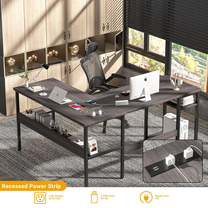 Unikito Reversible L Shaped Desk with Magic Power Outlets and USB Charging Ports, Sturdy Corner Computer Desk with Storage Shelves, Gaming Table Home Office Desk, Easy to Assemble, Enoch Walnut