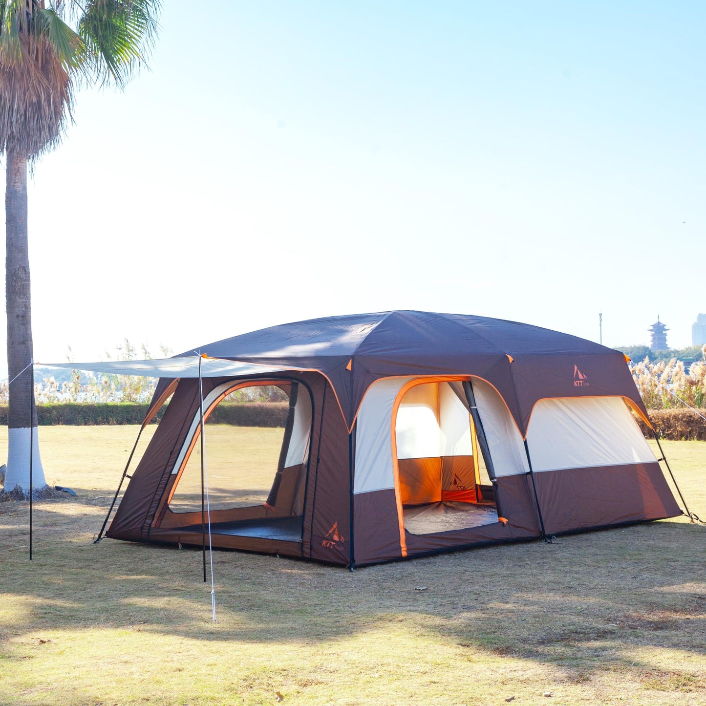 KTT Extra Large Tent 14 Person,Family Cabin Tents,2 Rooms,3 Doors and 3 Windows with Mesh,Straight Wall,Waterproof,Double Layer,Big Tent for Outdoor,Picnic,Camping,Family Gathering(Brown)