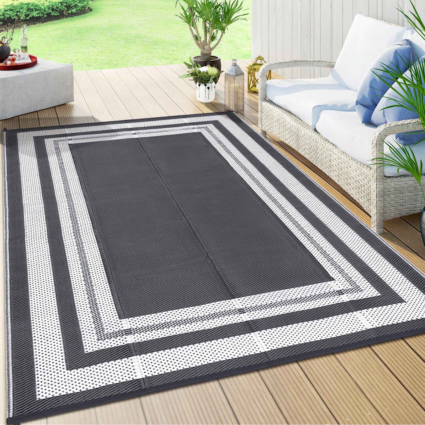 GlowSol Outdoor Rug 9x18 Waterproof Outdoor Plastic Straw Rug, Lightweight Portable Outside Solid Carpets Reversible Plastic Straw Patio Rug for RV Camping Picnic Beach Backyard Deck,Grey