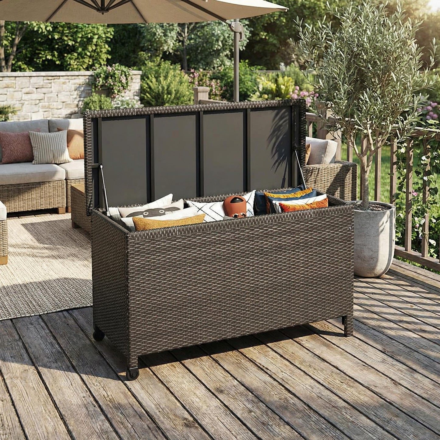 Wicker Deck Box, 125 Gallon All-Weather Outdoor Storage Box, Rattan Storage Bin for Patio Furniture, Outdoor Cushions, Pool Storage and Garden Tools, Brown
