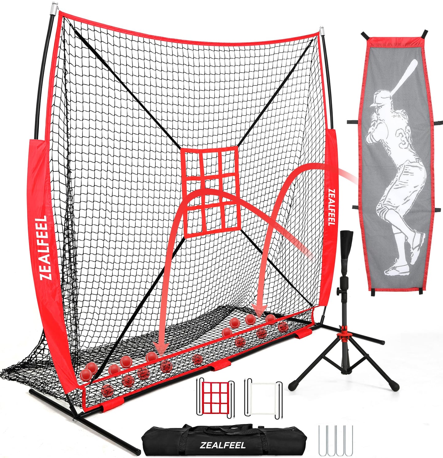 Baseball Softball Net, 7x7 ft Pitching & Batting Net with Dummy Batter, Large Ball Collection System, 2 Strike Zones, Batting Tee, Carry Bag for Batting Pitching Hitting, Great for All Levels