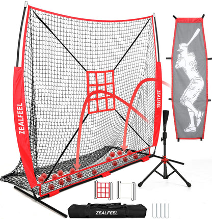 Baseball Softball Net, 7x7 ft Pitching & Batting Net with Dummy Batter, Large Ball Collection System, 2 Strike Zones, Batting Tee, Carry Bag for Batting Pitching Hitting, Great for All Levels
