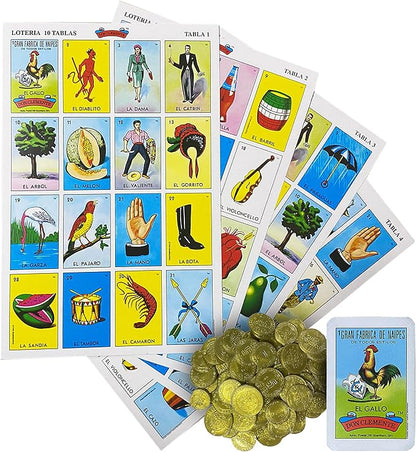 Loteria Mexicana Tradicional Jumbo Don Clemente para 10 Jugadores con 100 Monedas - Jumbo Size Mexican Bingo Set with 100 Counting Chips Plastic Coins for 10 Players with Deck of Cards and Boards