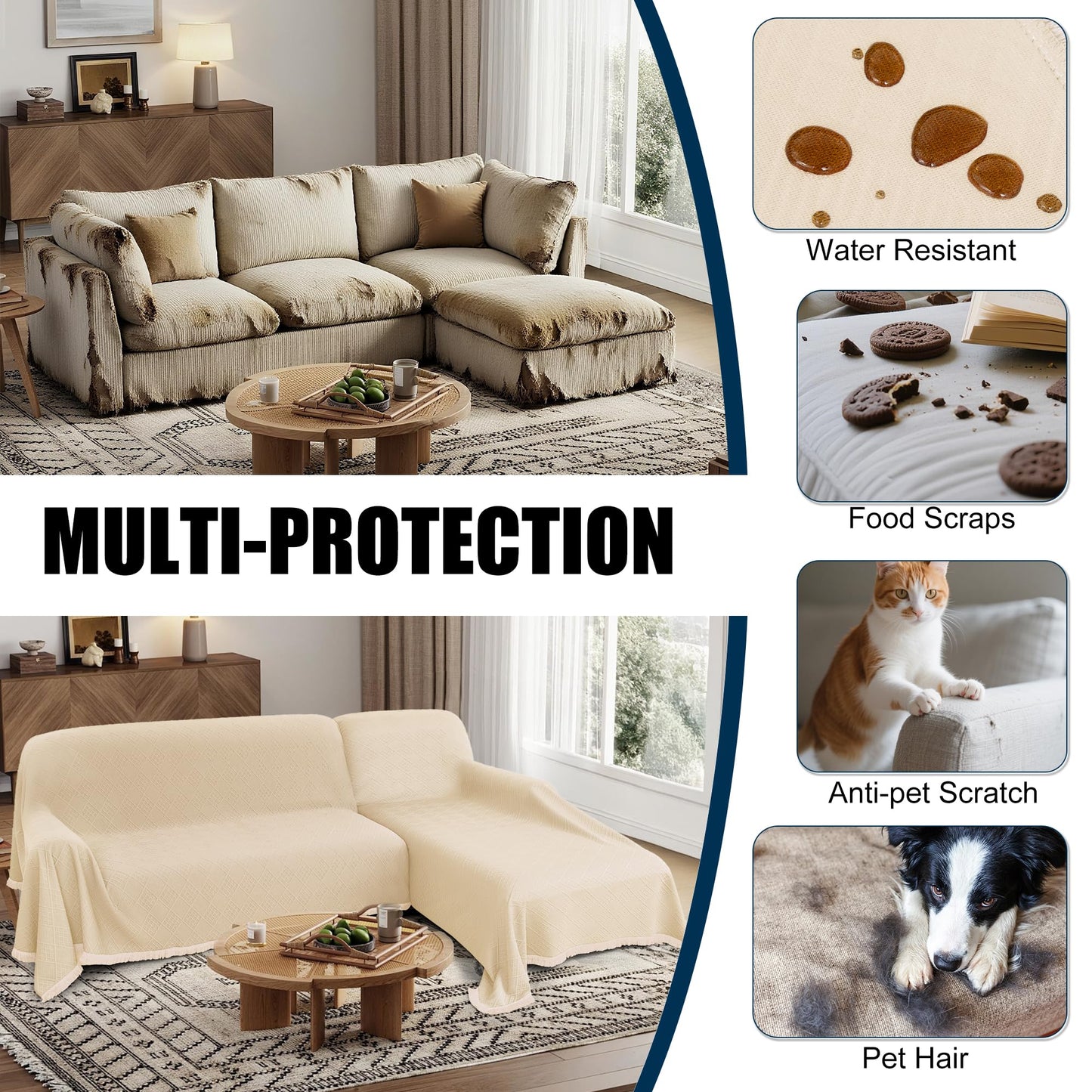 HYZOTEX Waterproof L Shaped Sectional Couch Covers Blanket 2 Piece Sectional Sofa Cover Washable L Shape Sofa Slipcover Jacquard Quilted Furniture Protector for Dogs Pets Cats (XX-Large, Light Beige)