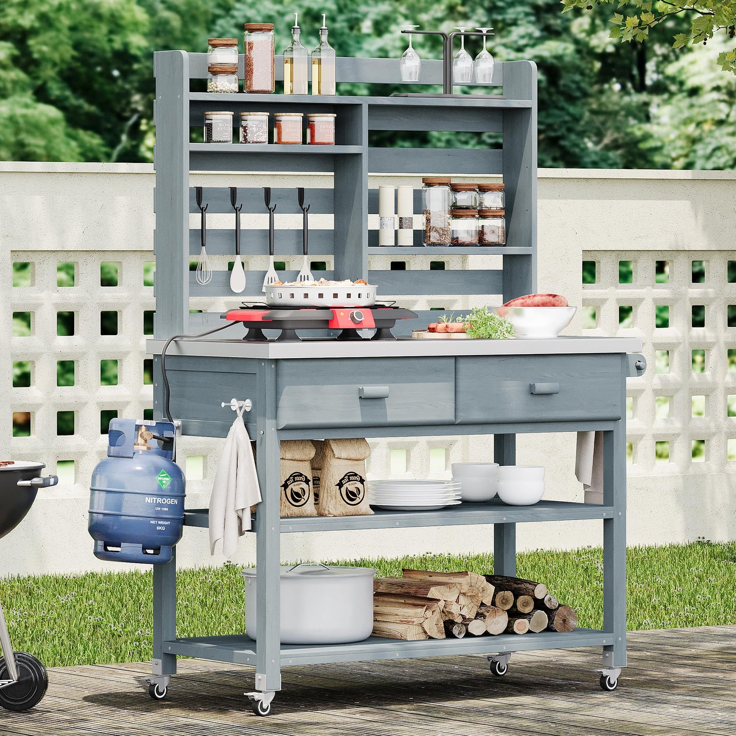 Merax 64.9"H Outdoor Potting Bench Table with Lockable Wheels, Solid Wood Outdoor Kitchen Island with Upper Hutch, Stainless Steel Top, Towel Rack, Outdoor Storage for Grilling, Lawn Garden, Grey Blue