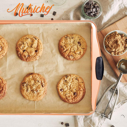 Nutrichef 15” Nonstick Cookie Sheet - Premium Carbon Steel Baking Pan with Silicone Handles | Dishwasher Safe, Copper