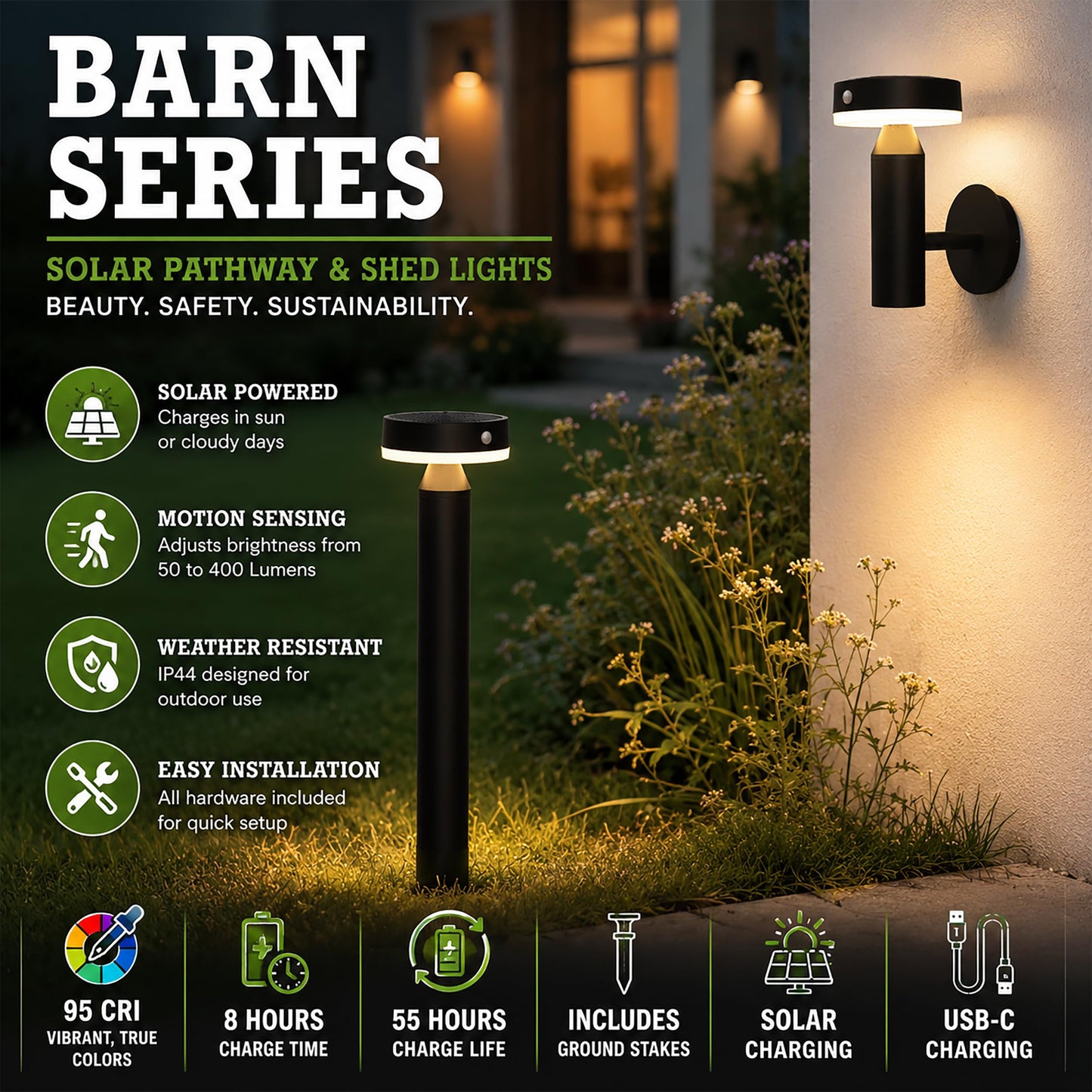 VerLuce - 20" Solar Landscape Lights - Outdoor Solar Lights for Yard - PIR Sensor & Two Light Modes - 50lm & 400lm - Rechargeable Battery Last Up to 55 Hours - 3000K - IP44 Weather Resistant - 4 Pack