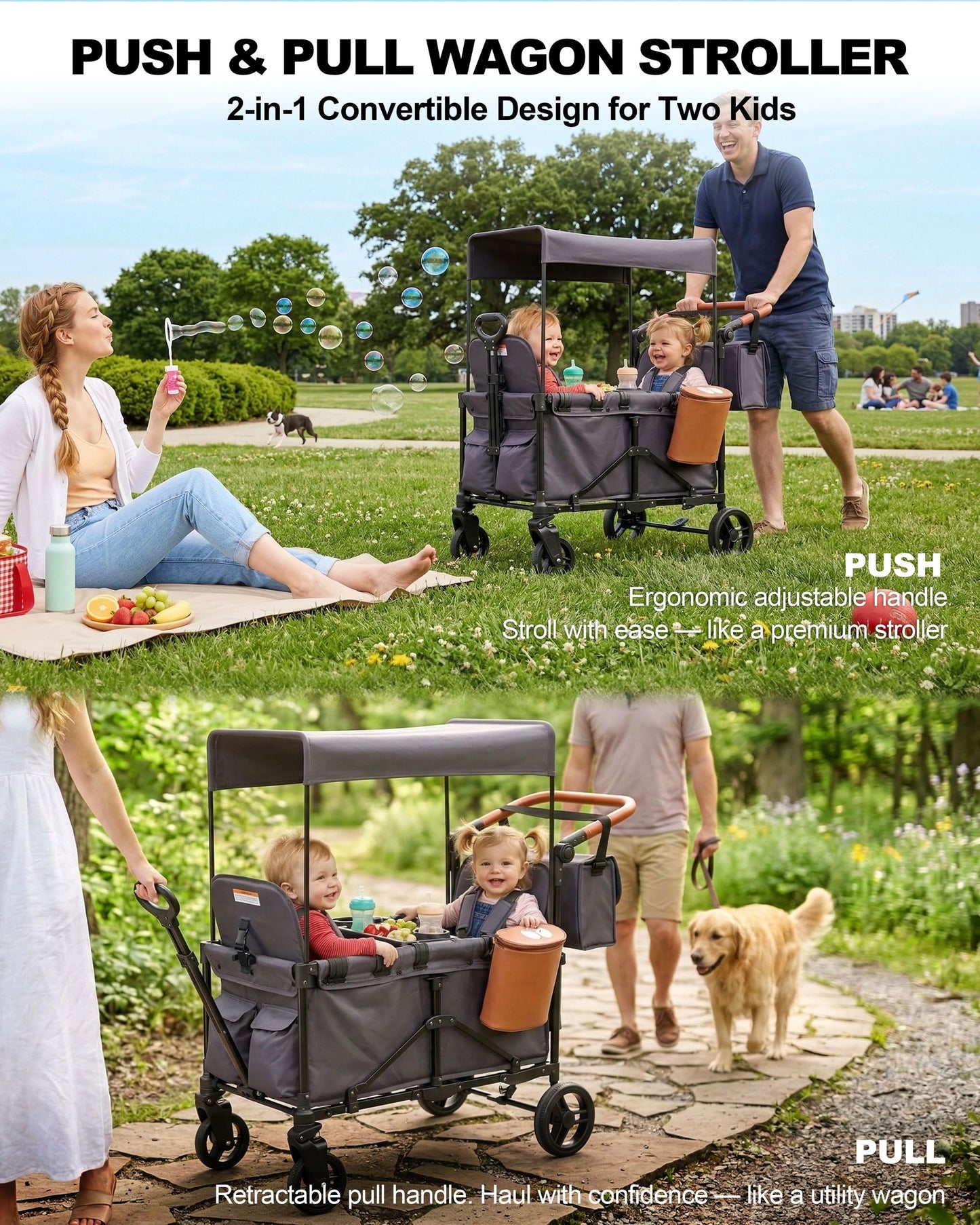 BudGlowey 2-in-1 Wagon Stroller for 2 Kids – Adjustable Push & Pull Handle All‑Terrain Wagon with Canopy, 5‑Point Harnesses, sanck Tray 2-in-1 Storage Bag, Lightweight, Compact – Grey