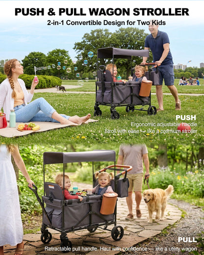 BudGlowey 2-in-1 Wagon Stroller for 2 Kids – Adjustable Push & Pull Handle All‑Terrain Wagon with Canopy, 5‑Point Harnesses, sanck Tray 2-in-1 Storage Bag, Lightweight, Compact – Grey