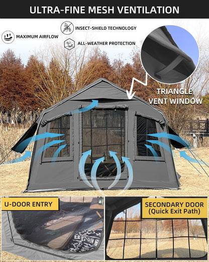 Inflatable Camping Tent for 2-4 Person, TC Cotton Canvas Blow Up Tent with Skylight & Stove Jack, 5-Minute Quick Setup Air Tent, 10.2' x 8' x 7' Glamping Tent for Family Camping, Festivals & Outdoors