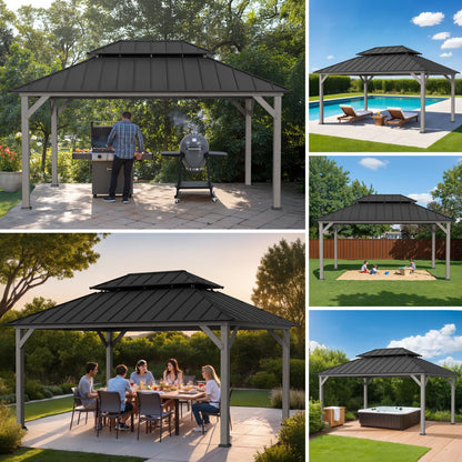 SUNJOY 12 x 16 ft. Wood Gazebo, Outdoor Patio Cedar Framed Steel Hardtop Gazebo with 2-Tier Metal Roof, Suitable for Patios, Lawn and Backyard, Matte Black Roof + Gray Wood Frame
