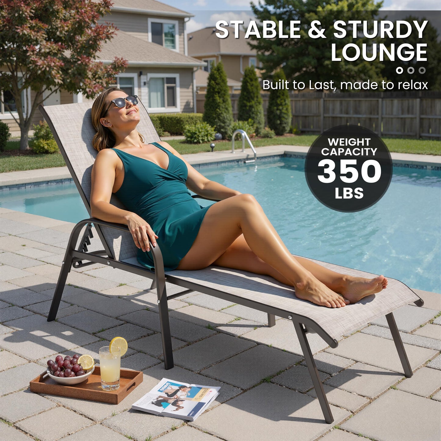 Crestlive Outdoor Chaise Lounge Chair,5-Position Pool Lounge Chairs with Armrests Sunbathing Recliner for Patio,Beach,Deck,Yard (2PC Beige)