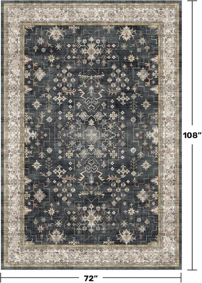 Boho Dining Room Rug - 6x9 Washable Black Area Rug | Low Pile Non-Slip Design for Living Room & Bedroom