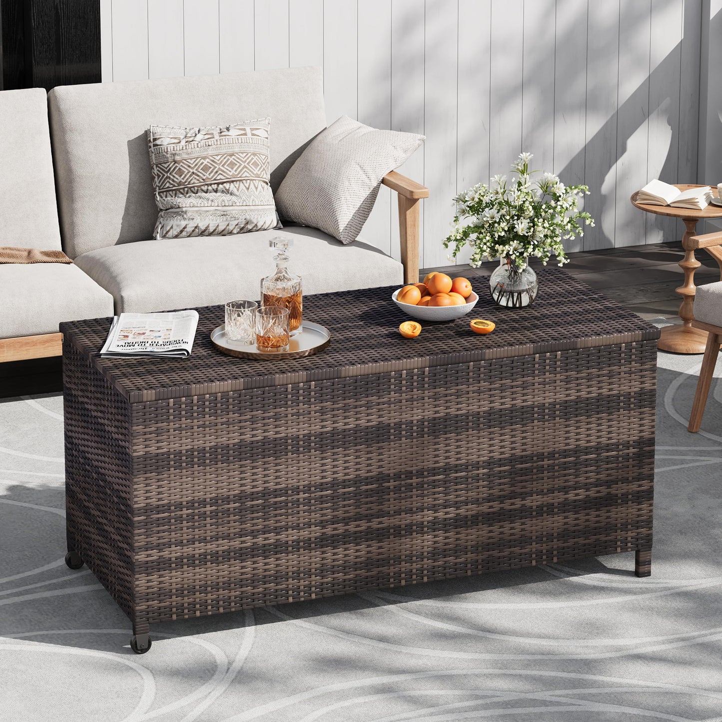 125 Gallon Large Deck Box Waterproof PE Rattan Outdoor Storage Box with Handles and Wheels, Storage Bin for Garden, Balcony, Porch, Pool, Yard