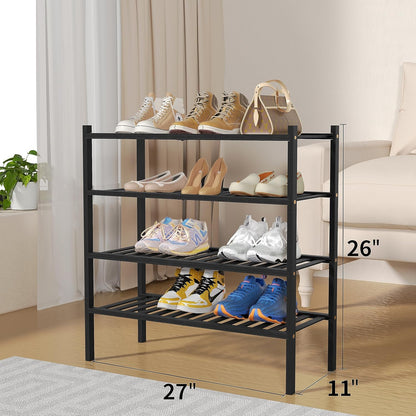 ROMGUAR CRAFT 4-Tier Bamboo Shoe Rack - Free Standing Wood Shelf for Small Spaces | 27"x11"x26" (Black)