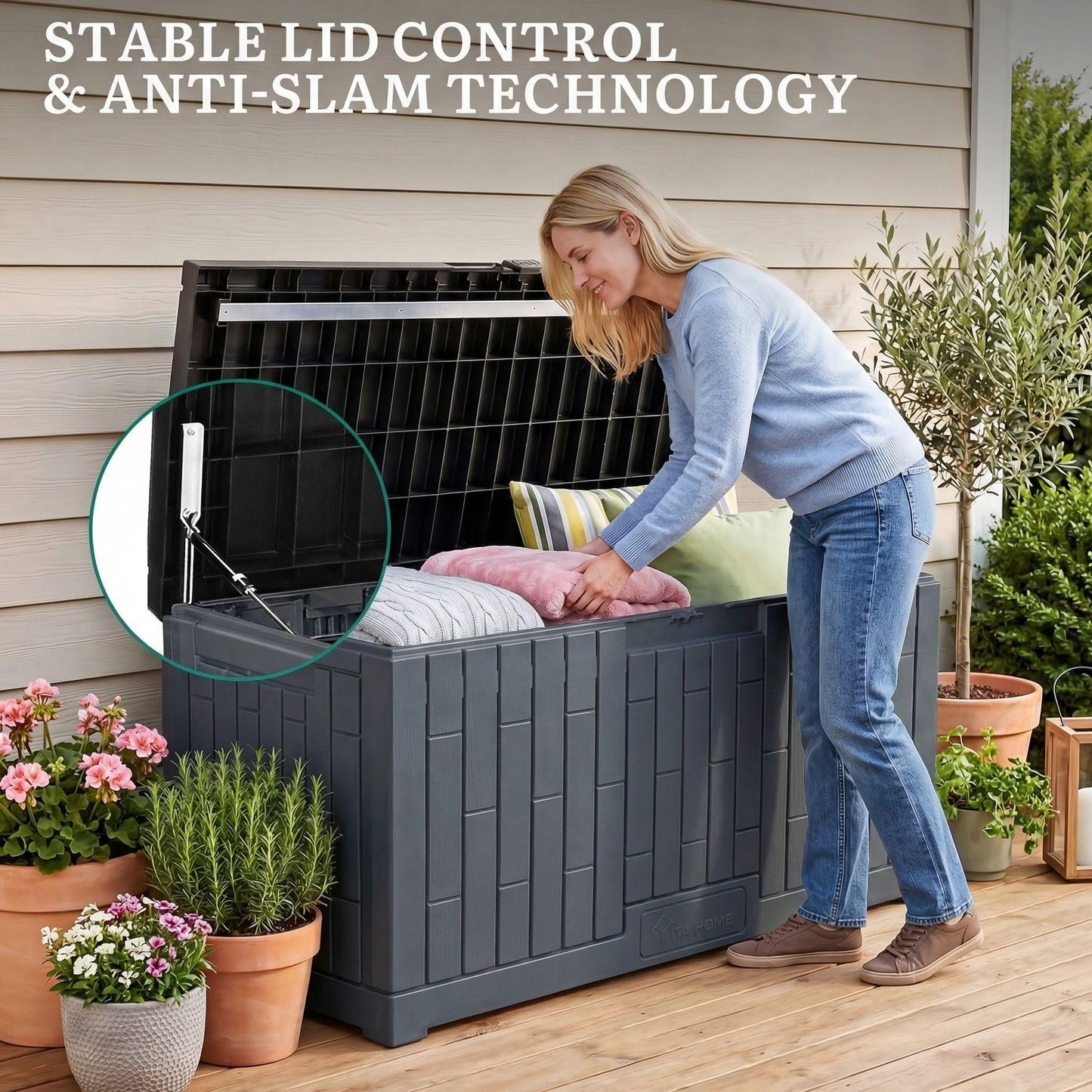 YITAHOME 120 Gallon Large Deck Box, 53"L x 22.7"W x 25.5"H Resin Outdoor Storage Box with Slide-Locking Black Lid for Patio Cushions, Garden Tools, Pool Supplies, Easy Assembly, Waterproof, Dark Gray