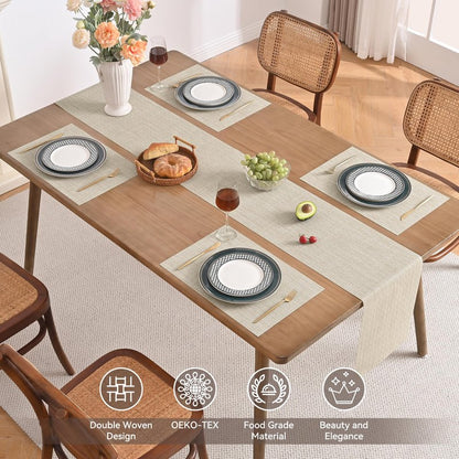 Leetaltree Beige Table Runner and Placemats Set of 5, Heat Resistant Non-Slip Place mats for Dining Table, Washable Durable PVC Vinyl Woven Table Runner Set