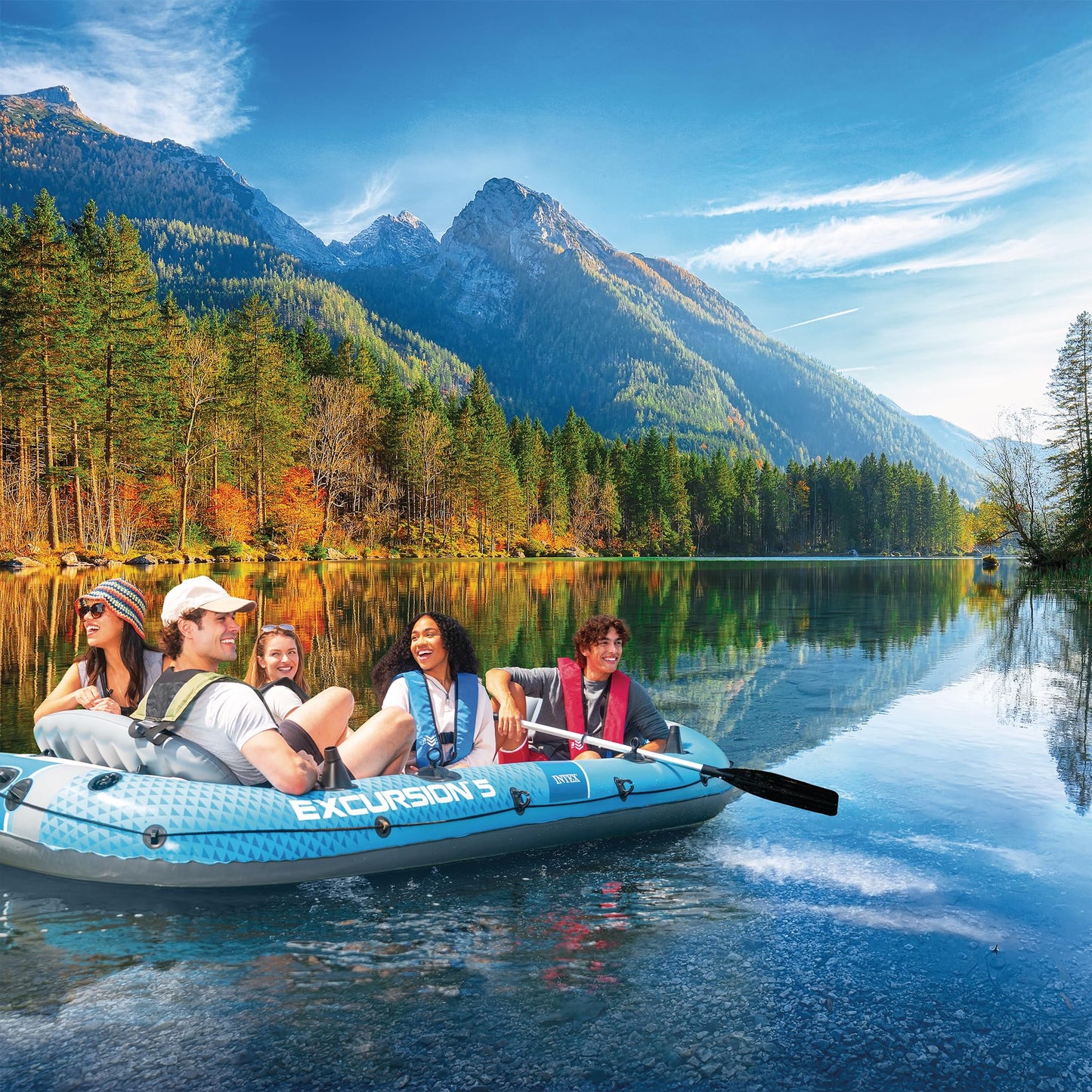 INTEX 66325EP Excursion 5 Inflatable Boat Set: Includes Deluxe 54in Aluminum Oars and High-Output-Pump – Adjustable Seats with Backrest – Fishing Rod Holders – 5-Person – 1320lb Weight Capacity