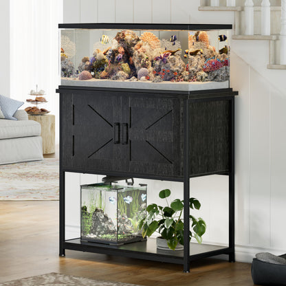 Hylemoros 20/29/30 Gallon Fish Tank Stand with Storage Cabinet Farmhouse Wood Aquarium Stand for Fish Reptile Heavy Duty Terrarium Stand for Living Room Entry Way Hallway Black
