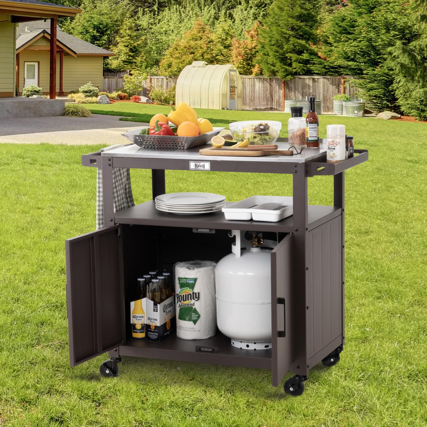 Feasto Outdoor Grill Cart with Stainless Steel Tabletop and Storage Cabinet, Movable Kitchen Island with Wheels for BBQ Food Prep, Brown