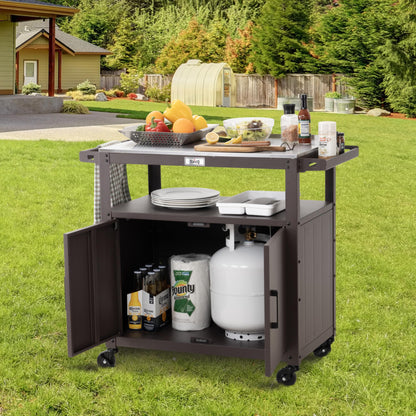 Feasto Outdoor Grill Cart with Stainless Steel Tabletop and Storage Cabinet, Movable Kitchen Island with Wheels for BBQ Food Prep, Brown