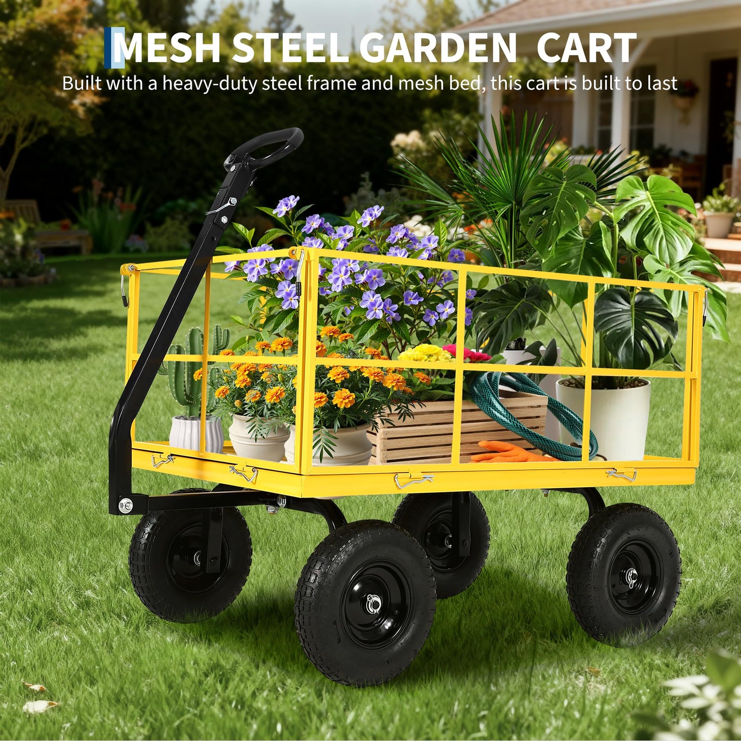 Heavy Duty 1500 Lbs Steel Garden Cart – 3-in-1 Utility Wagon & Trailer with Removable Mesh Sides, 13" All-Terrain Tires, 180° Rotating Handle for Lawn, Yard, Gardening Tasks, Outdoor Hauling