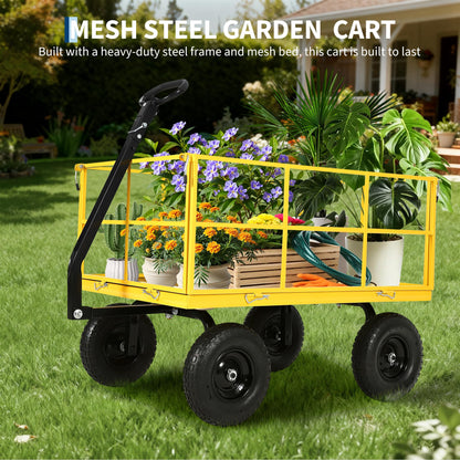 Heavy Duty 1500 Lbs Steel Garden Cart – 3-in-1 Utility Wagon & Trailer with Removable Mesh Sides, 13" All-Terrain Tires, 180° Rotating Handle for Lawn, Yard, Gardening Tasks, Outdoor Hauling
