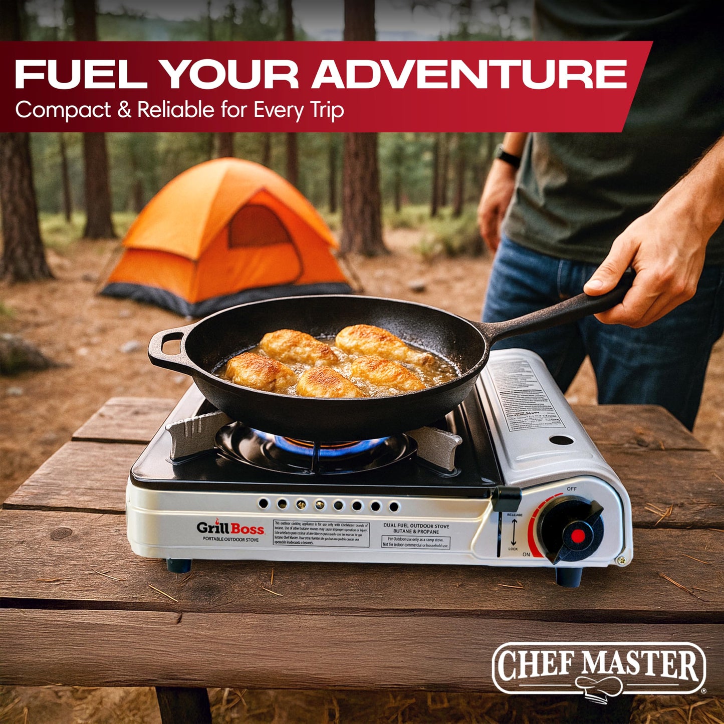 Grill Boss Dual Fuel Portable Stove, Dual Fuel Butane & Propane Stoves, 12K BTU Butane Camp Stove & Propane Portable Camping Stoves for Emergencies, Outdoor BBQ, Cooking, Hikings & Backpacking - 90057