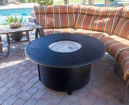 Hiland 48'' Extruded Aluminum Round Slatted Top Propane Fire Pit Table with Lid, Clear Fire Glass, Regulator and Hose, 42,000 BTU, Black
