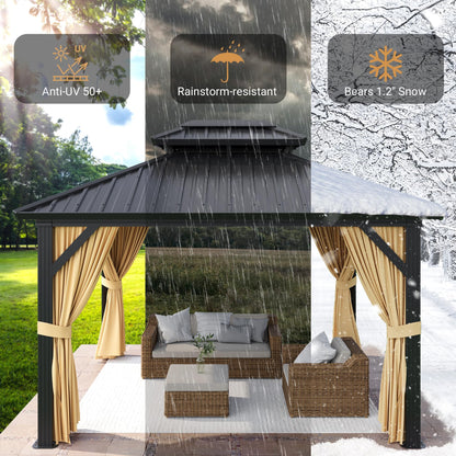 All-Weather 10' x 12' Hardtop Aluminum Gazebo with Double Metal Roof, Netting & Curtains – Permanent Outdoor Pavilion Pergolas for Patio, Deck, Garden & Backyard, Khaki