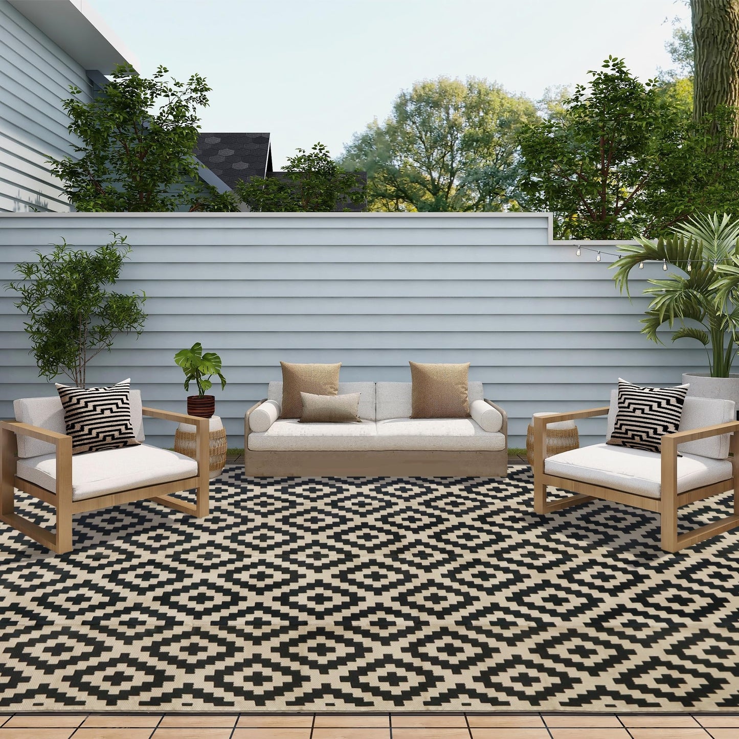 SAND MINE Waterproof Outdoor Rug 10x20 ft, Plastic Reversible Rug, Modern Area Rug, Large Floor Mat for Outdoors, RV, Patio, Backyard, Deck, Picnic, Beach, Camping, Black & Beige