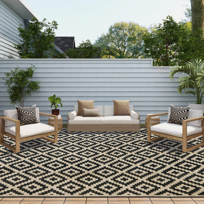 SAND MINE Waterproof Outdoor Rug 10x20 ft, Plastic Reversible Rug, Modern Area Rug, Large Floor Mat for Outdoors, RV, Patio, Backyard, Deck, Picnic, Beach, Camping, Black & Beige